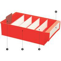 1 - ﻿lingueta de bloqueio das caixas no caso de utilização numa estante 2 - ﻿bordas resistentes em polipropileno 3 - divisórias transversais 4 - ﻿etiquetas adaptáveis às caixas e divisórias