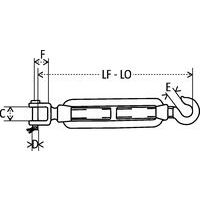 LF - LO = Comprimento mín. - comprimento máx.C = Abertura da manilhaD = Diâmetro de fecho da manilhaE = Abertura do ganchoF = Profundidade da manilha