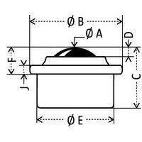 Esfera de suporte em aço embutido:- Ø A: Ø da esfera- Ø B: Ø total- C: altura total- D: ultrapassagem da esfera- Ø E: Ø útil- F: ultrapassagem total- J: espessura da placa