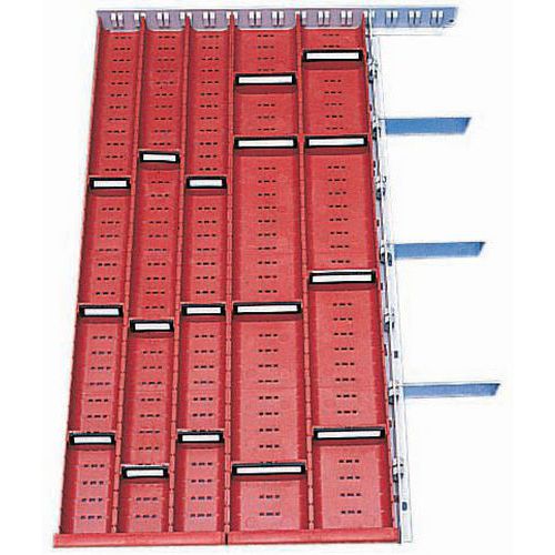 Solução de arrumação para gaveta Modul - 8 calhas longitudinais e 17 divisórias transversais.