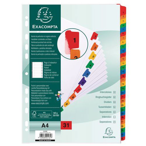 Separadores numéricos Exacompta – Cartão branco de 160 g – A4